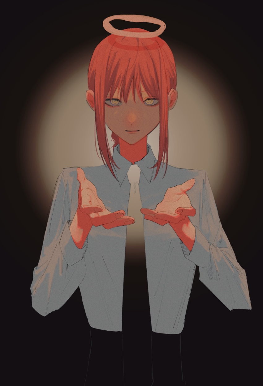 1girl, black_background, braid, chainsaw_man, closed_mouth, collared_shirt, expressionless, fingernails