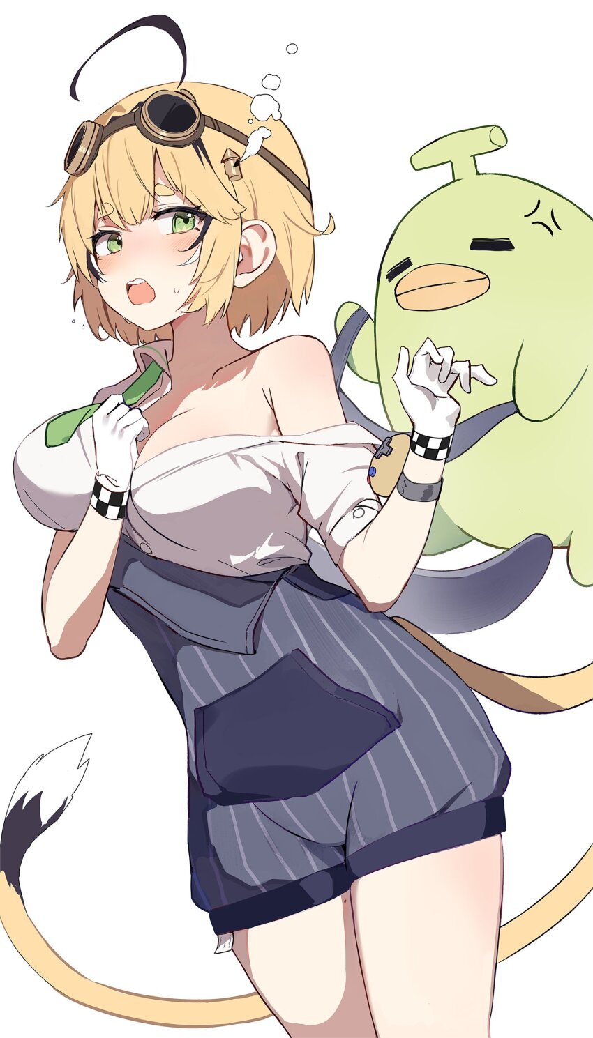 1girl, absurdres, ahoge, black_hair, blonde_hair, blue_overalls, blush, breasts