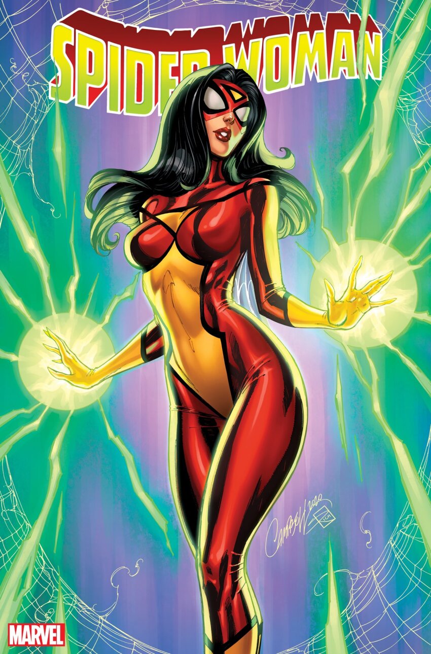 1girl, artist_collaboration, black_hair, bodysuit, breasts, character_name, copyright_name, english_text, gloves, highres, j._scott_campbell, jessica_drew, long_hair, marvel, medium_breasts, multicolored_bodysuit, parted_lips, red_bodysuit, red_lips, sabine_rich, signature, spider-man_(series), spider-woman, two-tone_bodysuit, yellow_bodysuit, yellow_gloves