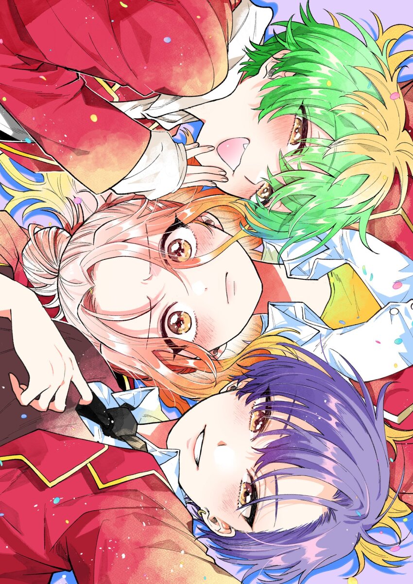 3girls, earrings, green_hair, harekawa_shinta, highres, jacket, jewelry, long_hair