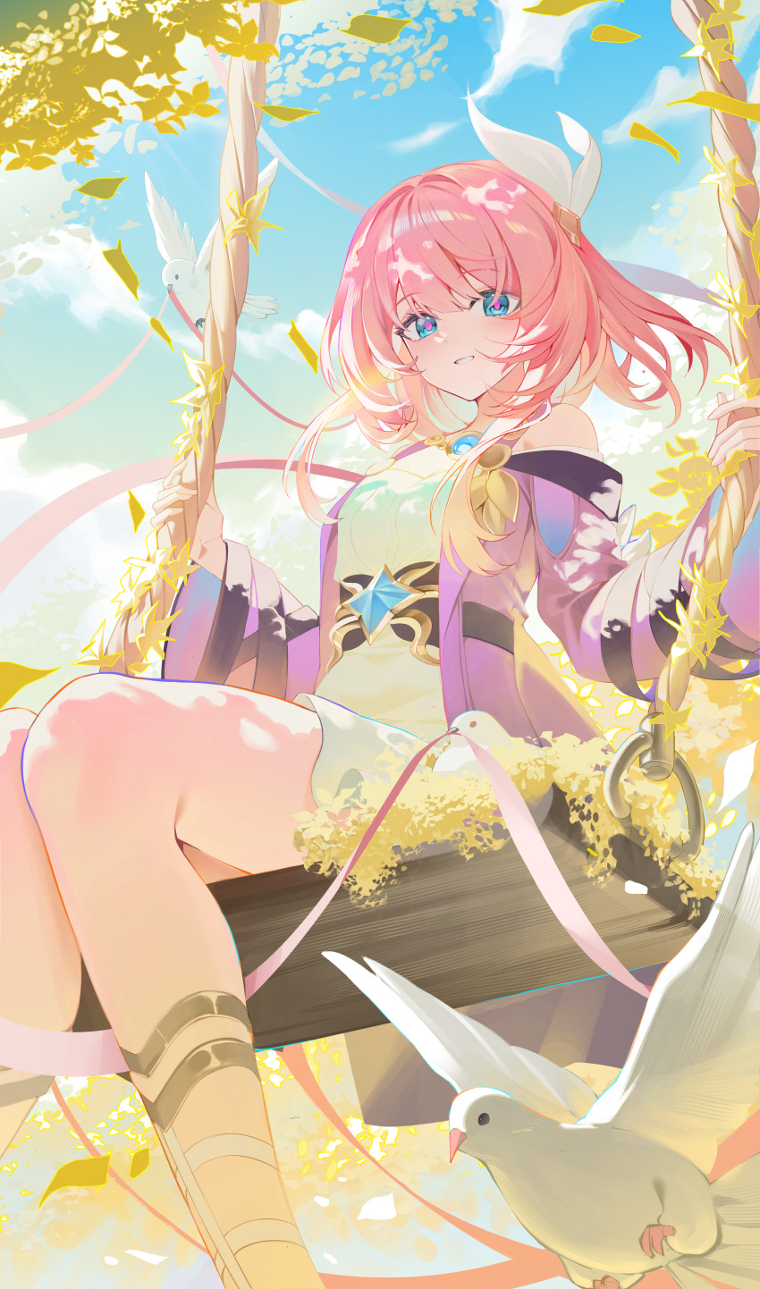 1girl, absurdres, bare_shoulders, bird, blue_eyes, blue_sky, breasts, coat