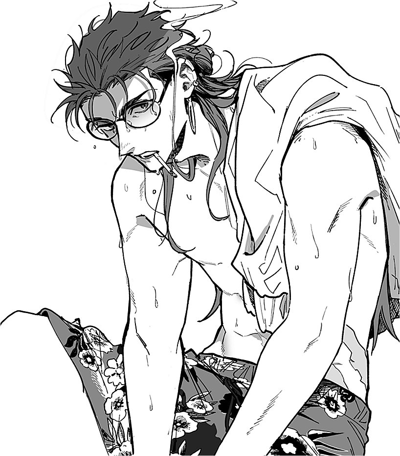 1boy, cigarette, cu_chulainn_(caster)_(fate), cu_chulainn_(fate), cu_chulainn_(tropical_rune_summer)_(fate), earrings, fate/grand_order, fate_(series)