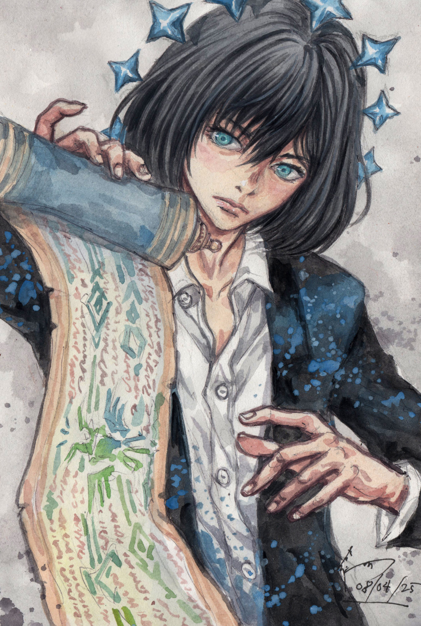 1boy, absurdres, black_hair, black_jacket, blue_eyes, crown, dominic_ian_cabatit, fate/grand_order, fate_(series), floating_crown, hair_between_eyes, highres, holding, holding_scroll, jacket, long_sleeves, looking_at_viewer, male_focus, oberon_(celebratory_attire)_(fate), oberon_(fate), oberon_(third_ascension)_(fate), open_clothes, open_jacket, open_shirt, scroll, shirt, short_hair, solo, upper_body, white_shirt