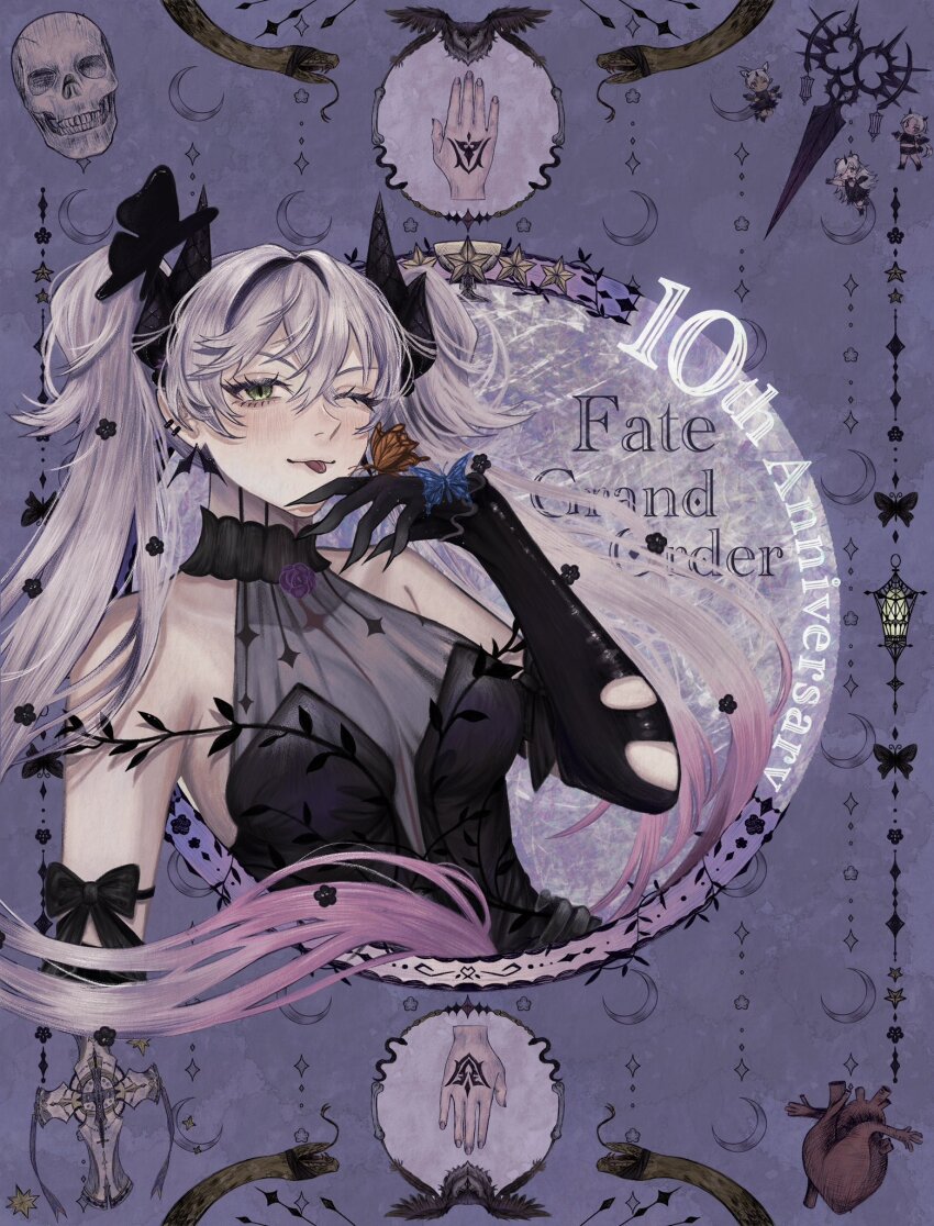 4girls, anniversary, bare_shoulders, bird, black_hands, blush, body_markings, breasts