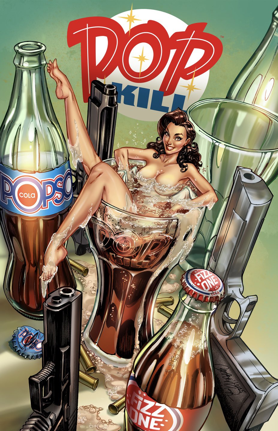 1girl, artist_collaboration, bottle, bottle_cap, brown_eyes, brown_hair, bullet, glass