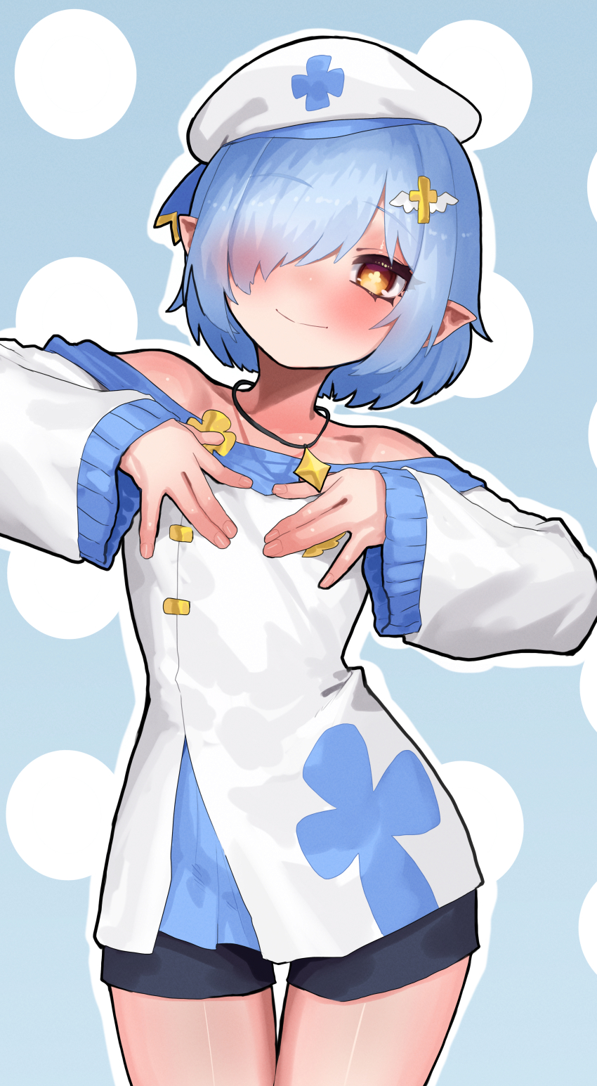 1boy, absurdres, angel, bare_shoulders, blue_trim, blush, commentary_request, commission, cropped_legs, cross_hair_ornament, ekrea_jan, hair_ornament, hair_over_one_eye, hands_on_own_chest, hat, highres, indie_virtual_youtuber, jewelry, long_sleeves, necklace, noa_noelle, pointy_ears, short_shorts, shorts, skeb_commission, smile, solo, standing, trap, virtual_youtuber, yellow_eyes