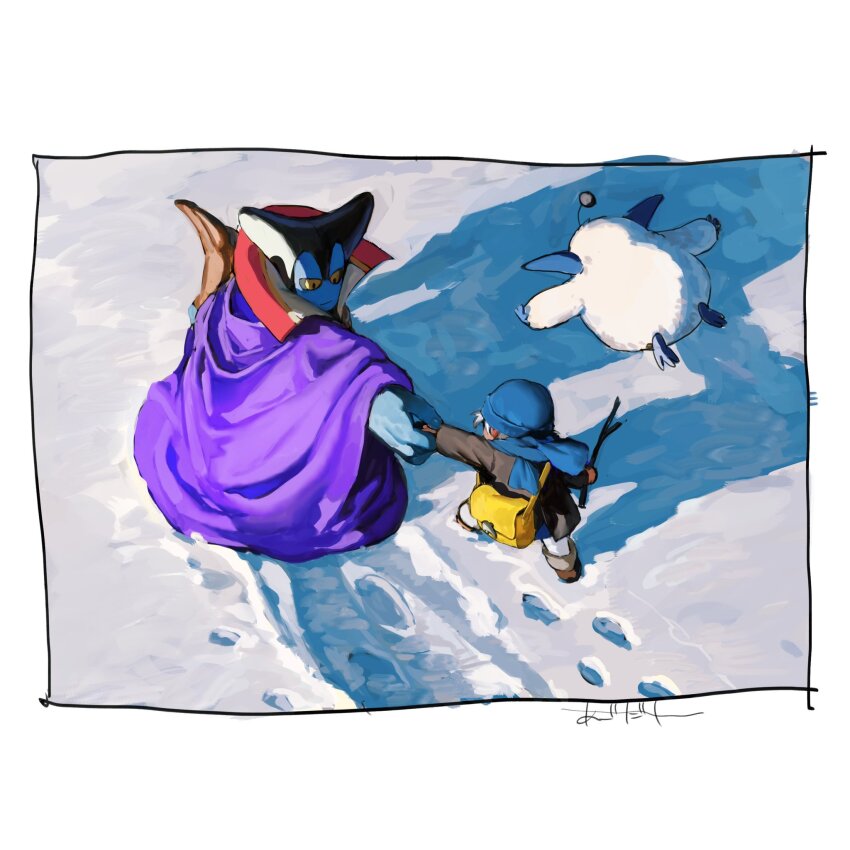 1other, 2boys, aged_down, bag, black_coat, black_horns, black_sclera, blue_hat