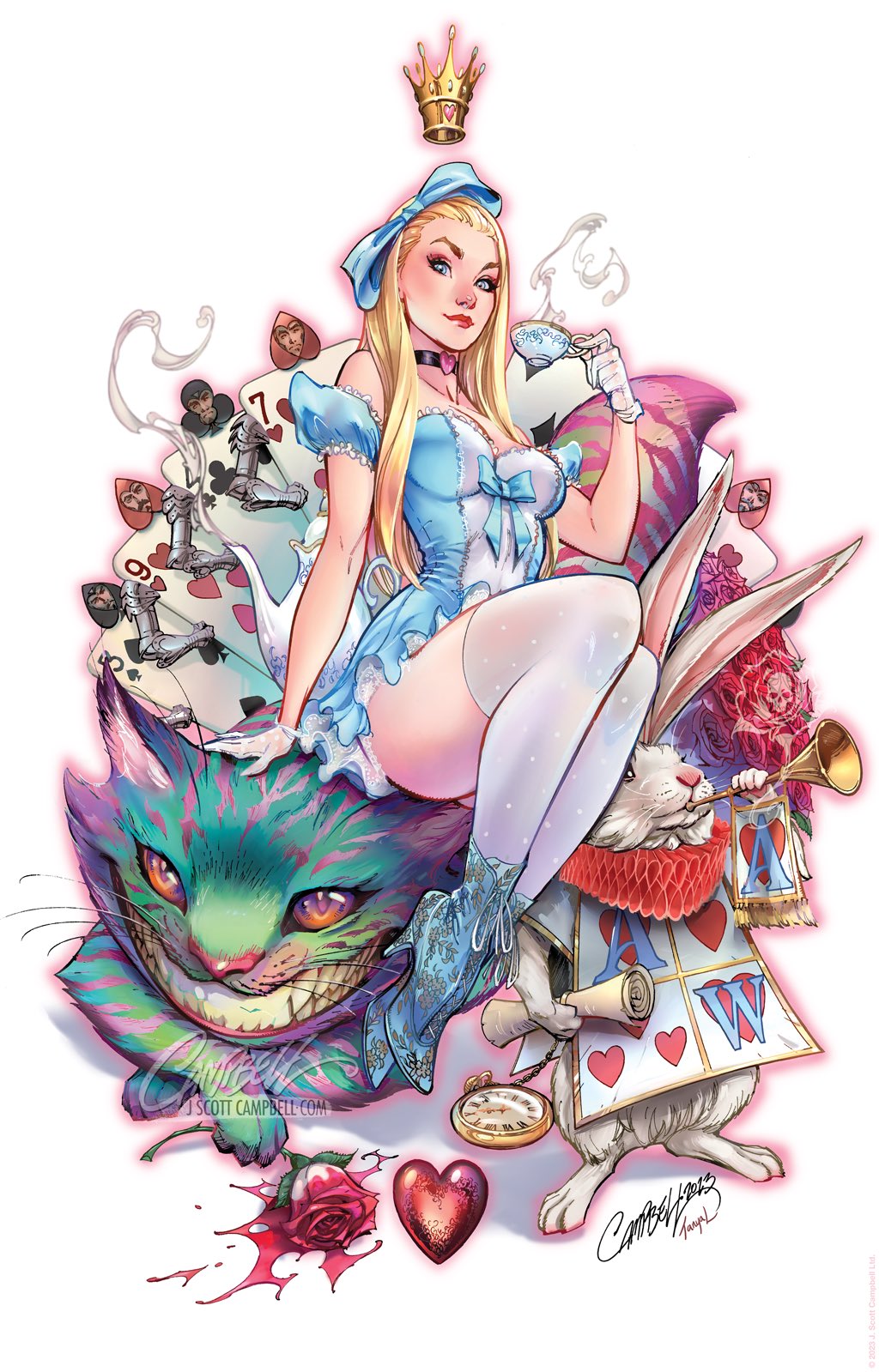 1girl, alice's_adventures_in_wonderland, alice_(alice_in_wonderland), artist_collaboration, black_choker, blonde_hair, blue_boots, blue_bow