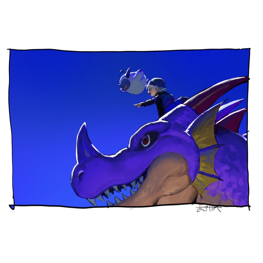 2boys, aged_down, black_sclera, blue_hat, blue_sky, blue_tunic, border, colored_sclera