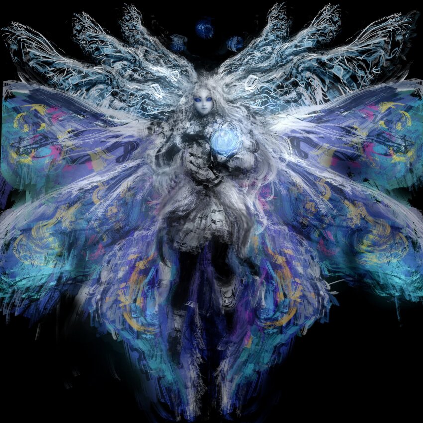 1girl, all_lee24, antennae, arthropod_girl, black_background, black_sclera, blue_eyes, closed_mouth