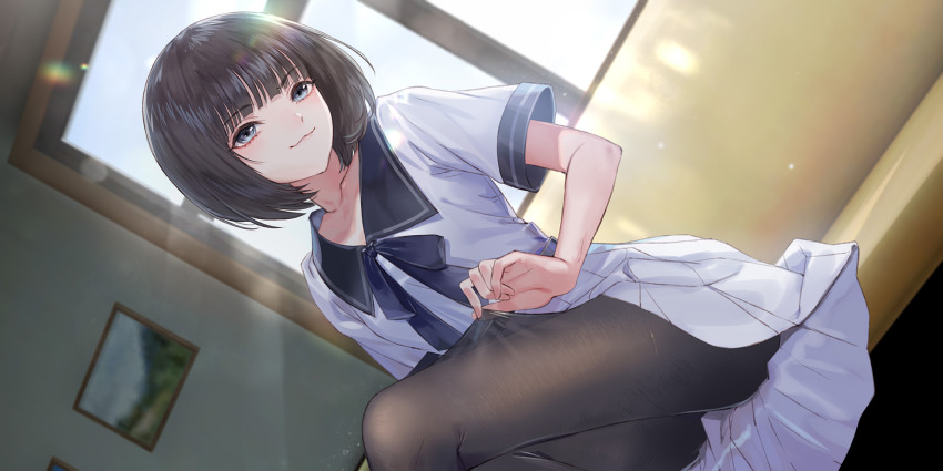 1girl, :3, black_hair, black_pantyhose, blue_eyes, blue_reflection_(series), blue_reflection_sun, blue_sailor_collar