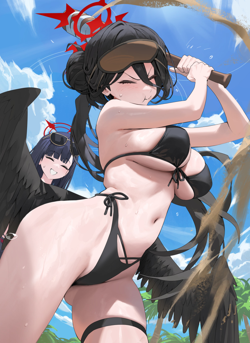 2girls, bare_arms, bare_shoulders, baseball_bat, bikini, black_bikini, black_hair, black_wings, blue_archive, blush, breasts, closed_eyes, closed_mouth, day, eyewear_on_head, front-tie_bikini_top, front-tie_top, hair_between_eyes, hair_bun, halo, hasumi_(blue_archive), hasumi_(swimsuit)_(blue_archive), highres, holding, holding_baseball_bat, hood_(james_x), ichika_(blue_archive), large_breasts, long_hair, low_wings, multiple_girls, navel, official_alternate_costume, outdoors, red_halo, side-tie_bikini_bottom, single_hair_bun, skindentation, smile, stomach, sunglasses, swimsuit, swinging_baseball_bat, thigh_strap, thighs, underboob, wings