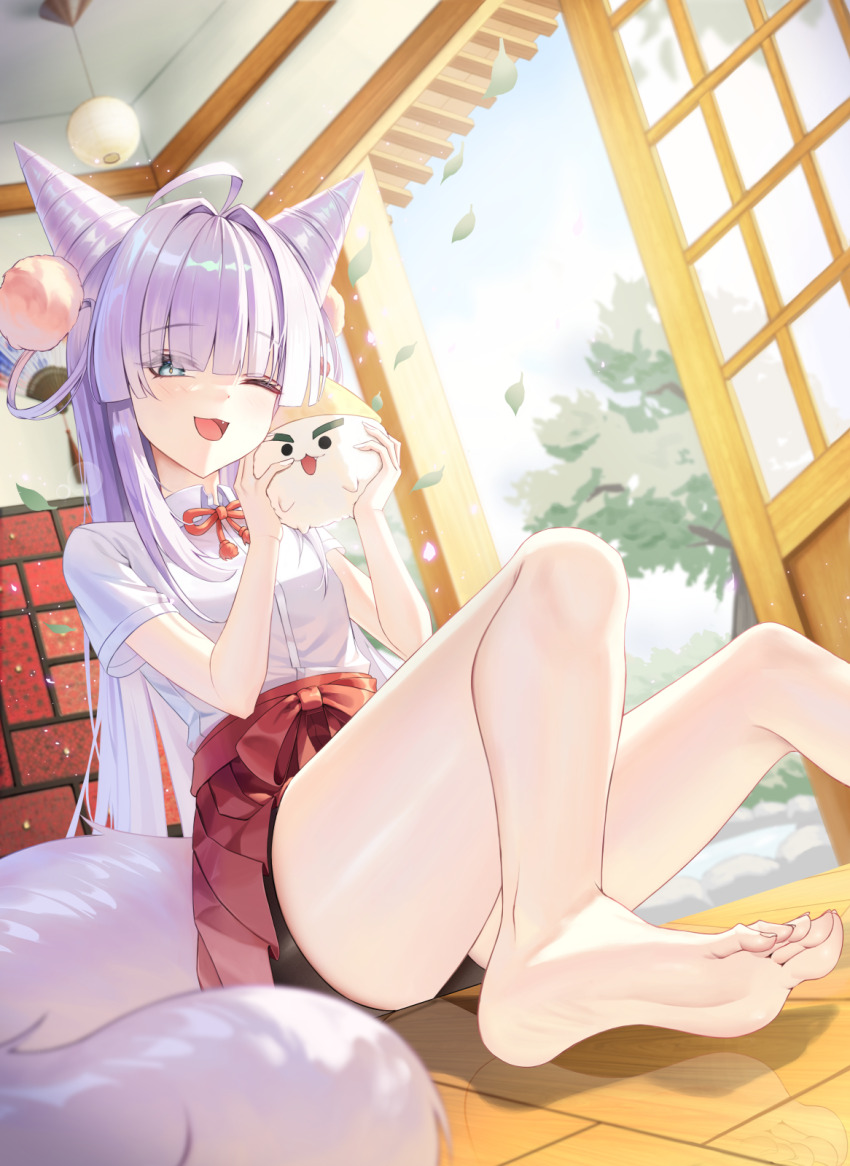 1girl, ahoge, barefoot, black_shorts, blue_eyes, blunt_bangs, blush, breasts