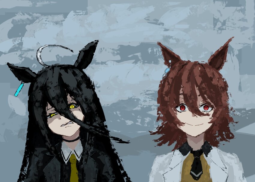 2girls, agnes_tachyon_(tach-nology)_(umamusume), agnes_tachyon_(umamusume), ahoge, animal_ears, black_choker, black_coat, black_hair