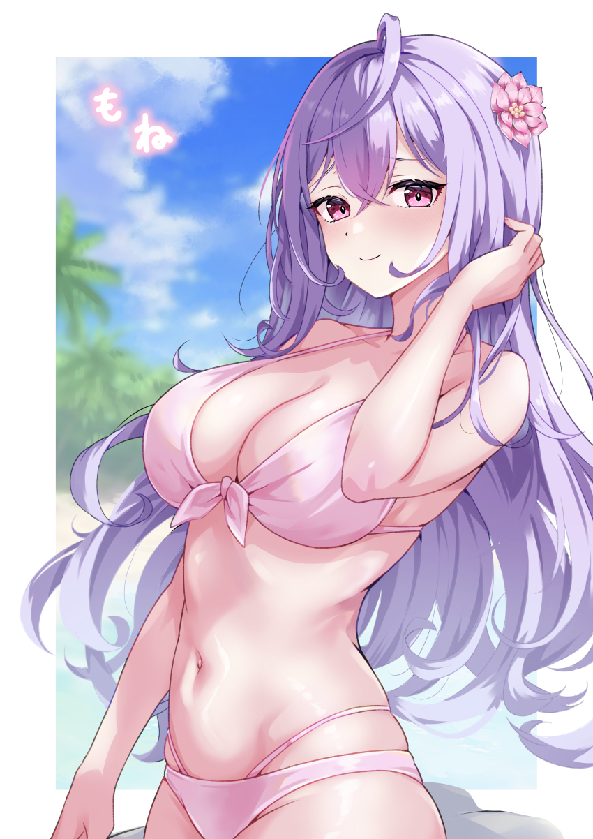 1girl, absurdres, ahoge, bare_shoulders, beach, bikini, blue_sky, blush