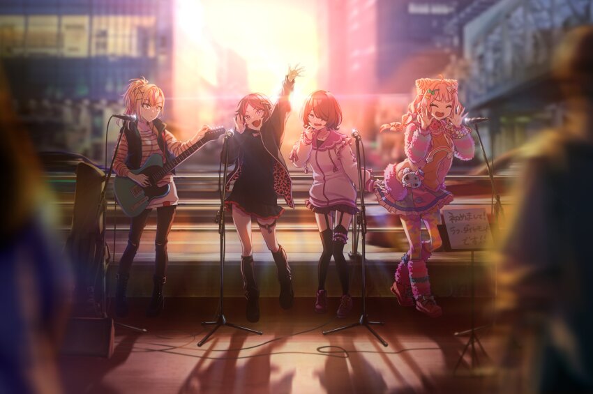 4girls, animal_print, arms_up, artist_request, black_hair, black_shirt, black_thighhighs, blurry