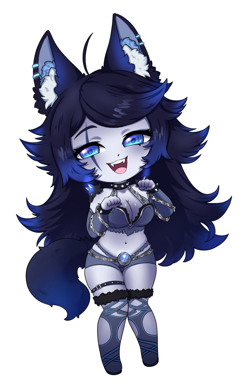 animal_ear_fluff, animal_ears, blue_eyes, blue_hair, blue_skin, breasts, chain, chibi