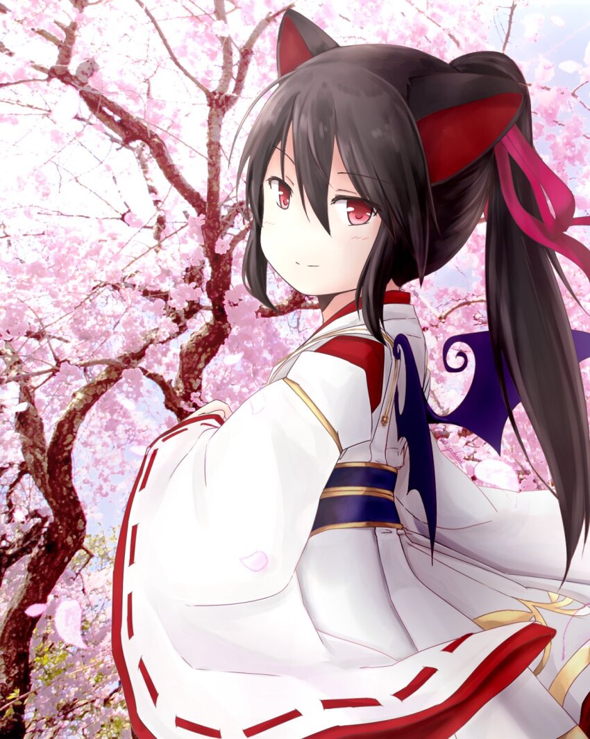 animal_ears, bat_wings, black_hair, black_wings, bow, cat_ears, cat_girl, cherry_blossoms