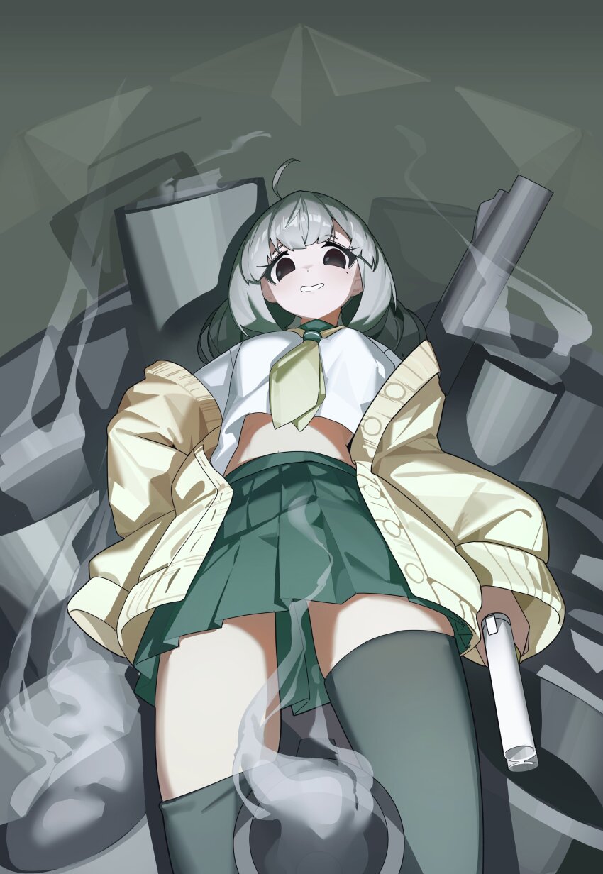 1girl, absurdres, ahoge, araga_kiwi, black_thighhighs, empty_eyes, green_skirt, grey_hair