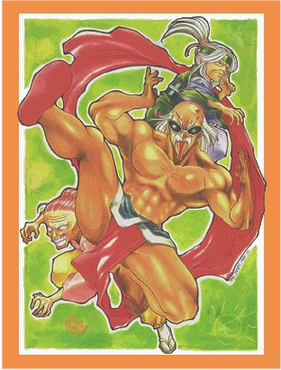 1boy, 2girls, :d, atlus, blonde_hair, border, breasts, cape