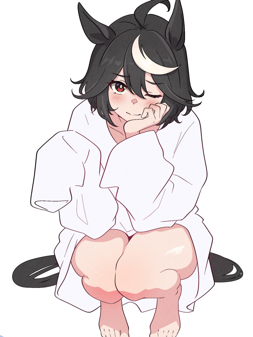 1girl, ahoge, animal_ears, black_hair, black_tail, blush, closed_mouth, commentary_request