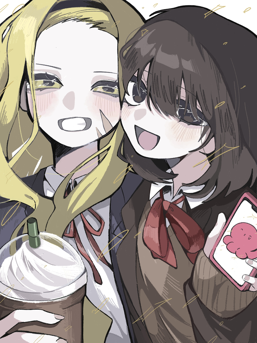 2girls, berryice_1515, black_eyes, black_hair, black_hairband, blonde_hair, bow, bowtie