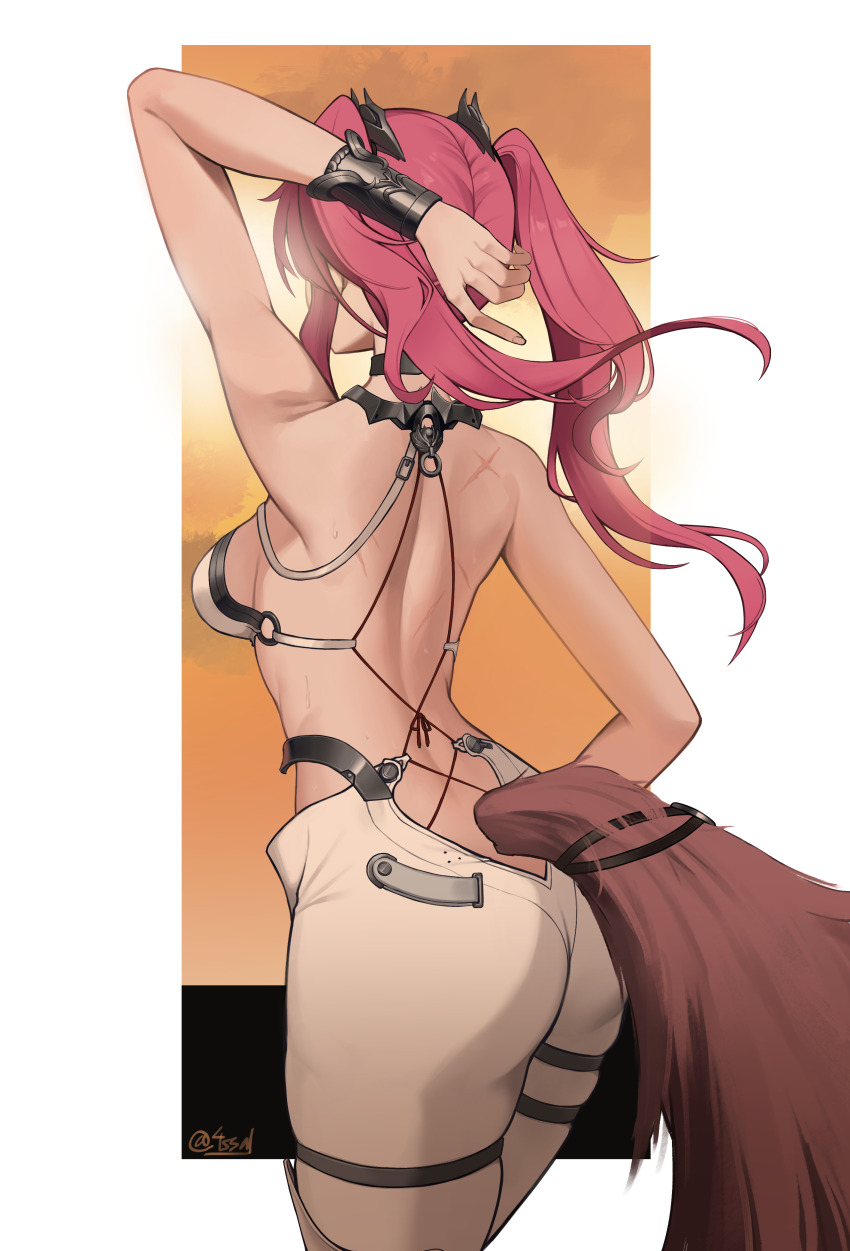1girl, absurdres, arm_up, ass, back, bare_shoulders, breasts, cowboy_shot, facing_away, from_behind, gamcha, highres, long_hair, lupa_(wuthering_waves), medium_breasts, pants, pink_hair, scar, scar_on_back, solo, sweat, tail, twintails, white_pants, wolf_tail, wuthering_waves