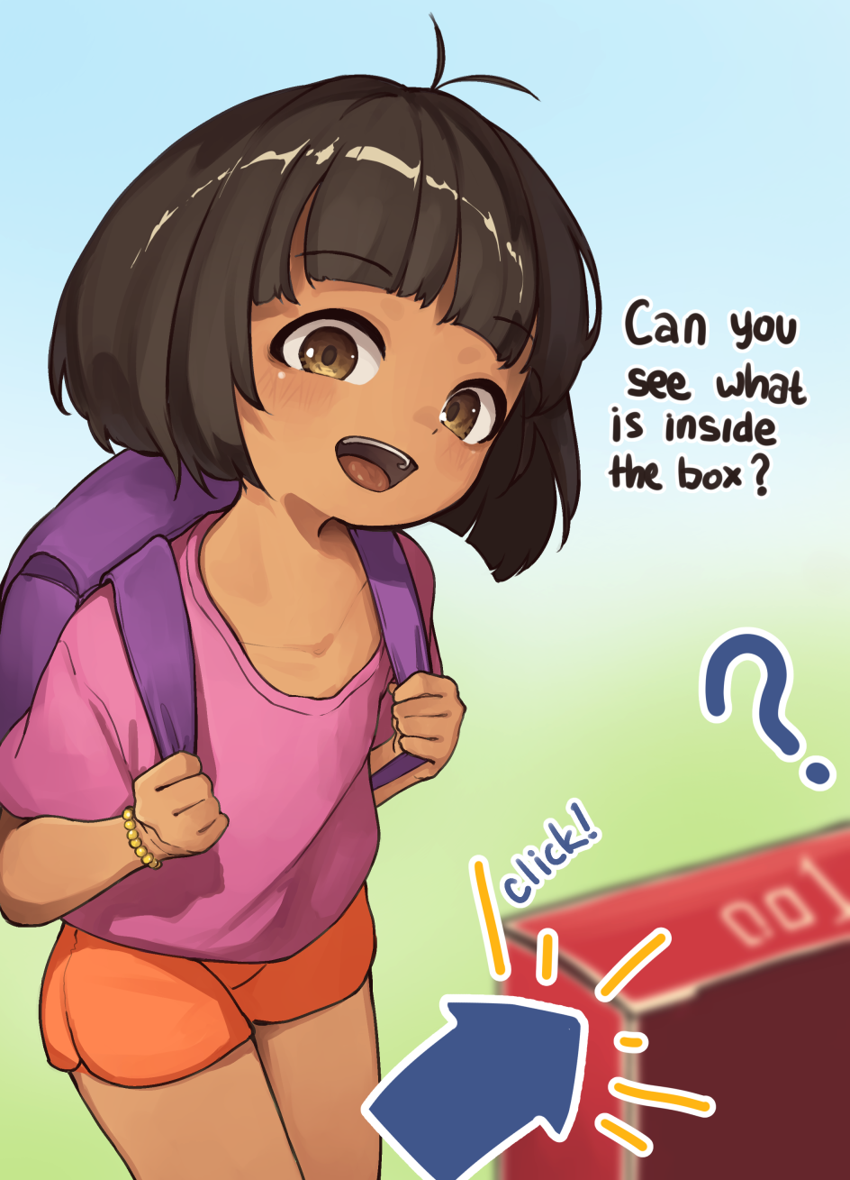 1girl, backpack, bag, brown_eyes, child, condom_box, dark-skinned_female, dark_skin