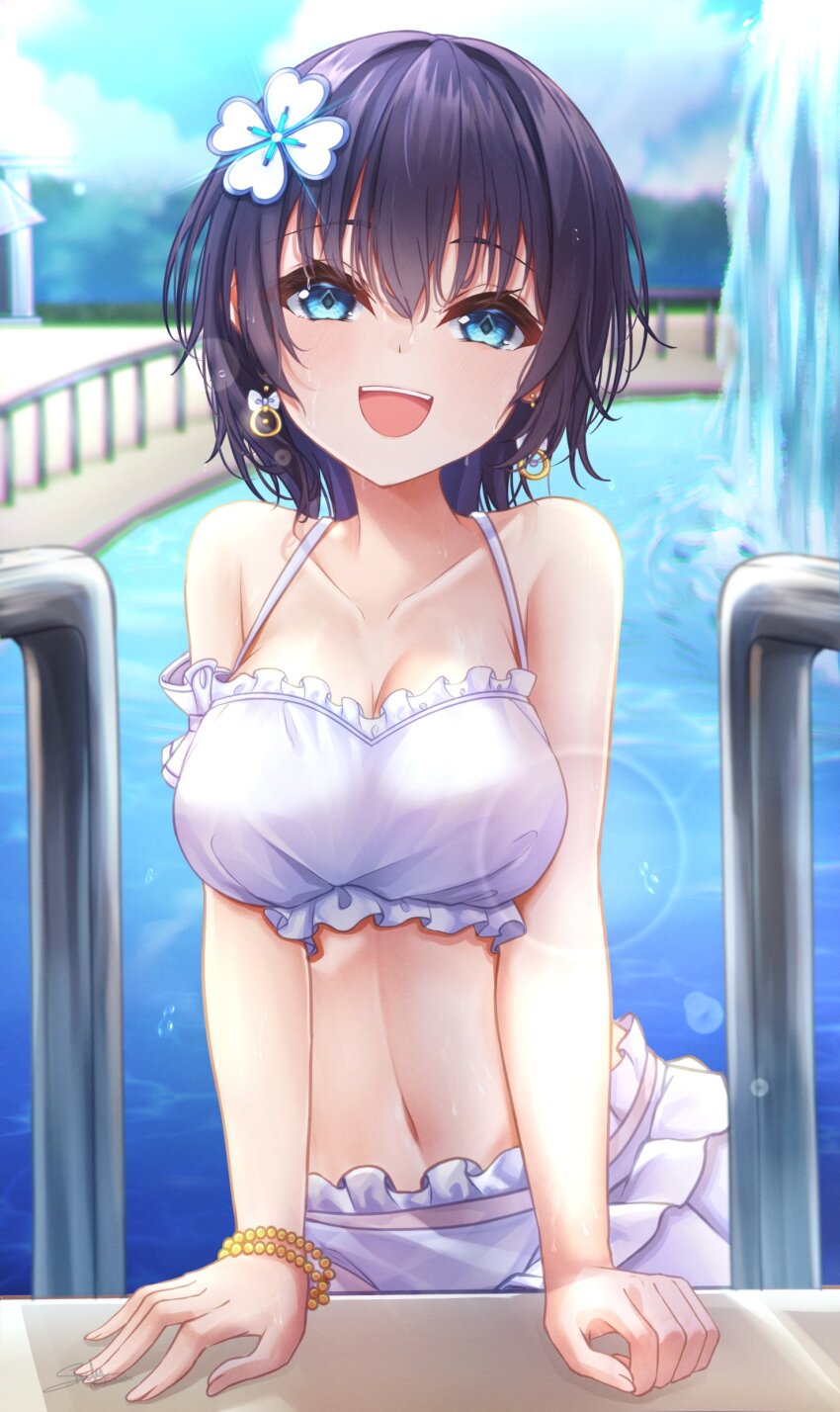 1girl, absurdres, aoi_erika, aoi_erika_(lightful_mermaid_vacation), black_hair, blue_eyes, bracelet, breasts