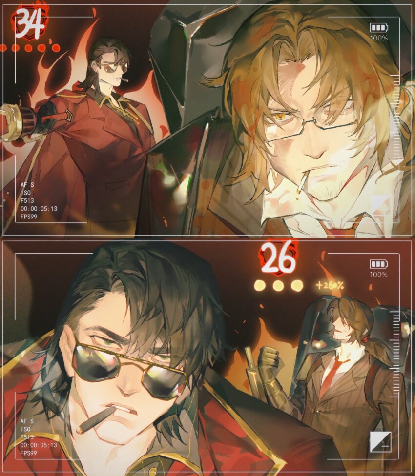 2boys, arm_up, black_gloves, black_hair, blood, blood_in_hair, blood_on_clothes, blood_on_face, blood_stain, brown_hair, cigar, clenched_hand, clenched_teeth, coat, collared_shirt, curtained_hair, facial_hair, fake_photograph, firefist_office_(identity)_(project_moon), gas_can, gauntlets, glasses, gloves, goatee_stubble, green_eyes, gregor_(project_moon), head_tilt, highres, holding, holding_sword, holding_weapon, jacket, jacket_on_shoulders, jing84672940, limbus_company, looking_at_viewer, low_ponytail, male_focus, medium_hair, meursault_(project_moon), multiple_boys, narrowed_eyes, necktie, ponytail, project_moon, red_background, red_coat, red_necktie, serious, shirt, short_hair, smoking, stubble, sunglasses, sword, teeth, thumb_(identity)_(project_moon), upper_body, weapon, white_shirt, wolf_cut, yellow_eyes