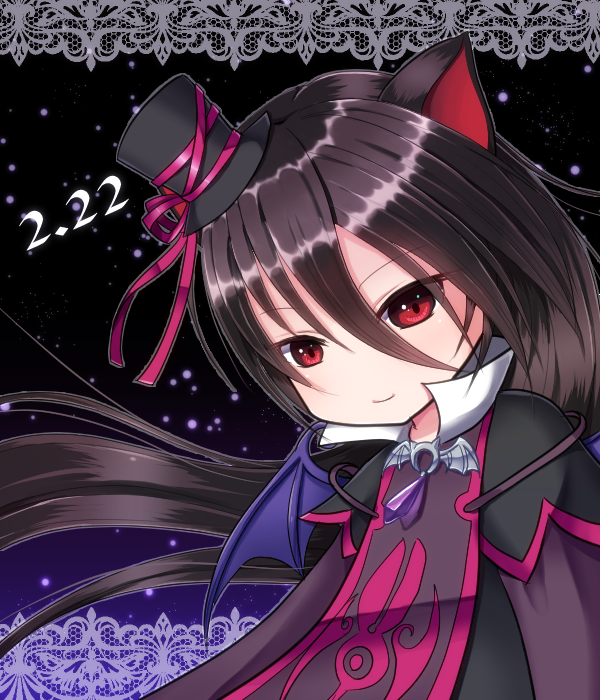 1girl, animal_ears, bat_wings, black_dress, black_hair, black_hat, cat_day, cat_ears