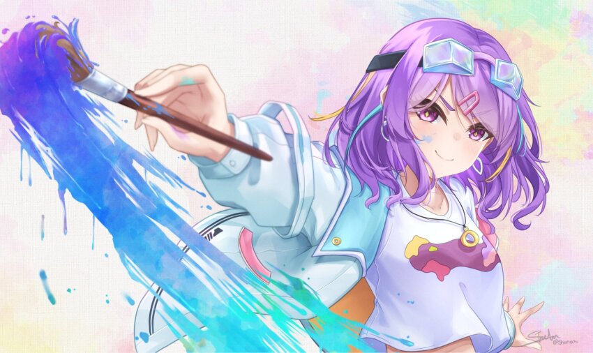 1girl, earrings, goggles, goggles_on_head, heaven_burns_red, highres, holding, holding_paintbrush