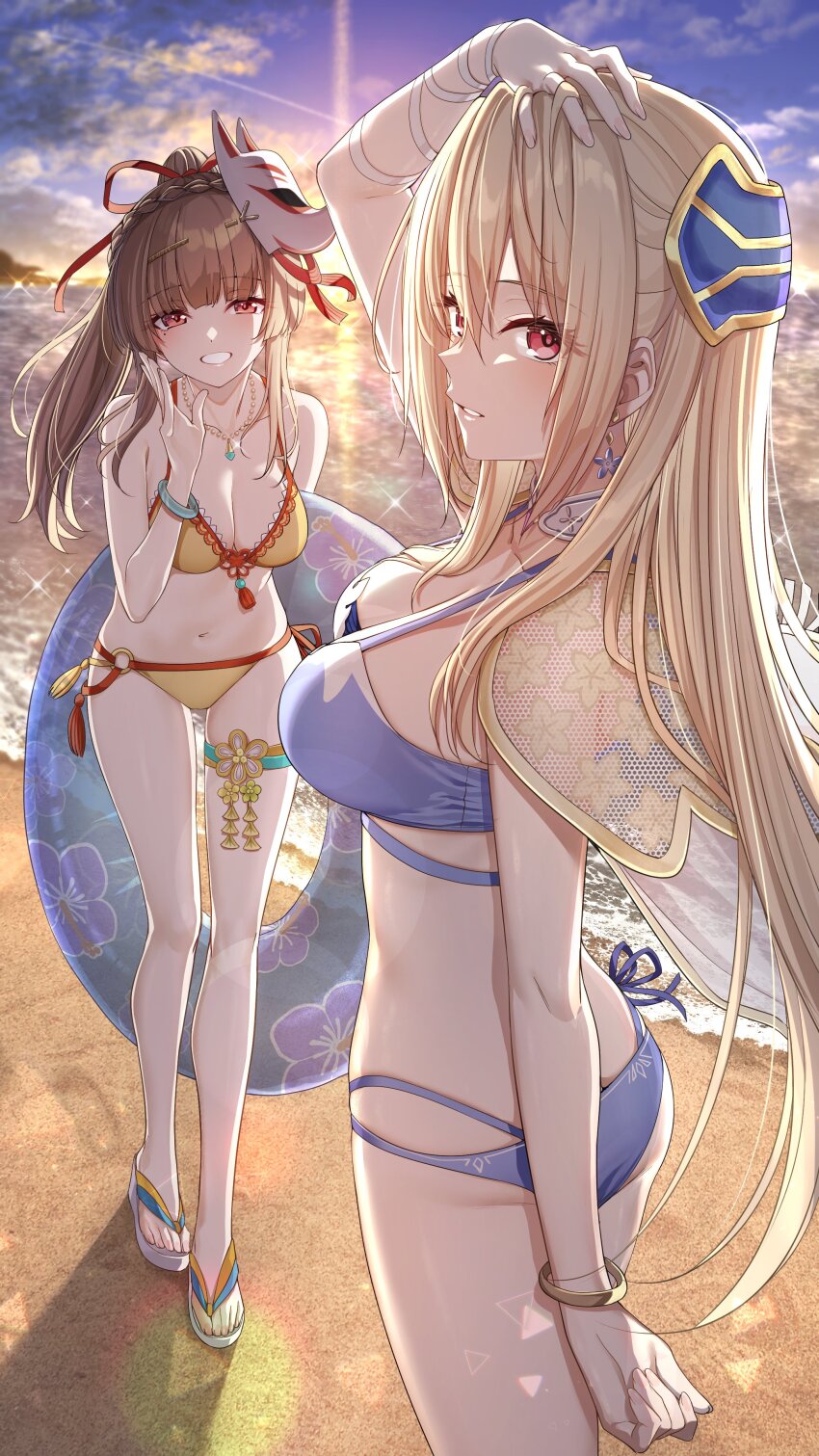 2girls, absurdres, beach, blonde_hair, bracelet, braid, breasts, brown_hair