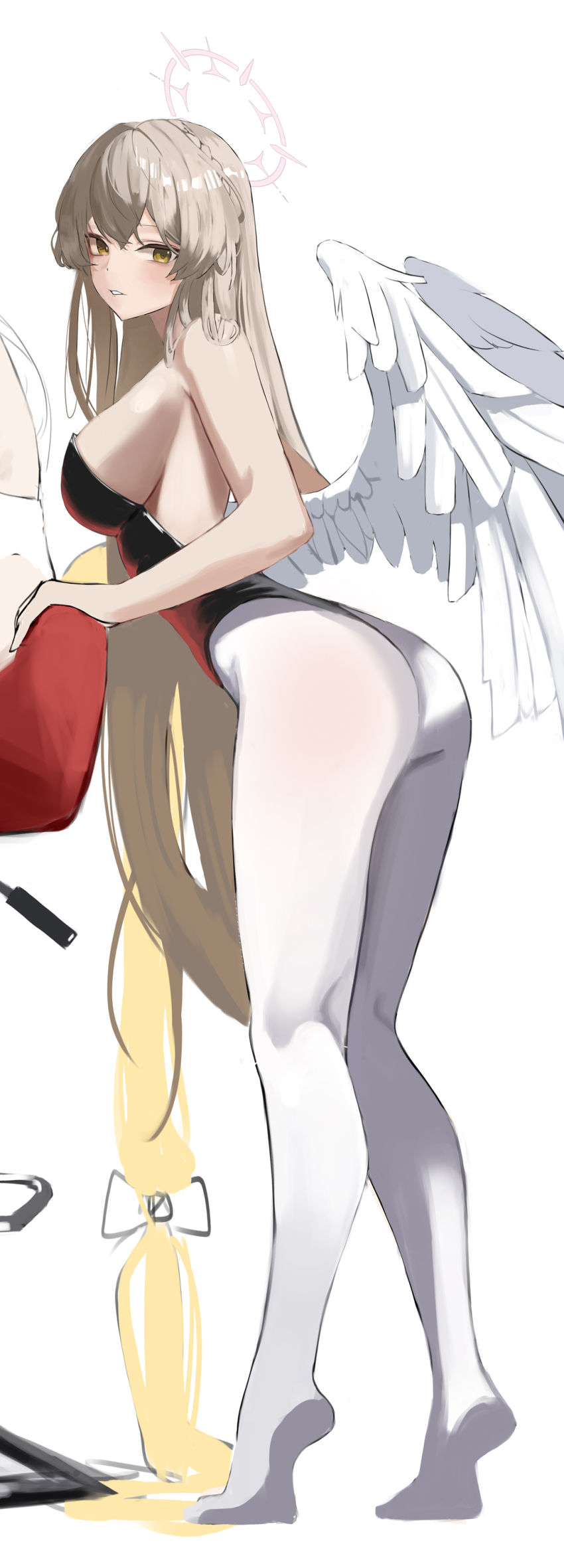 1girl, absurdres, alternate_costume, angel_wings, ass, black_leotard, blue_archive, cropped