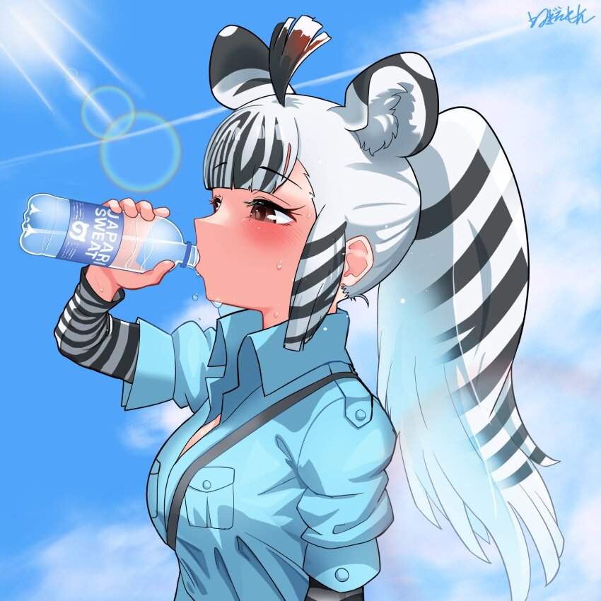 1girl, animal_ears, animal_print, black_hair, black_sleeves, blue_shirt, blush, bottle