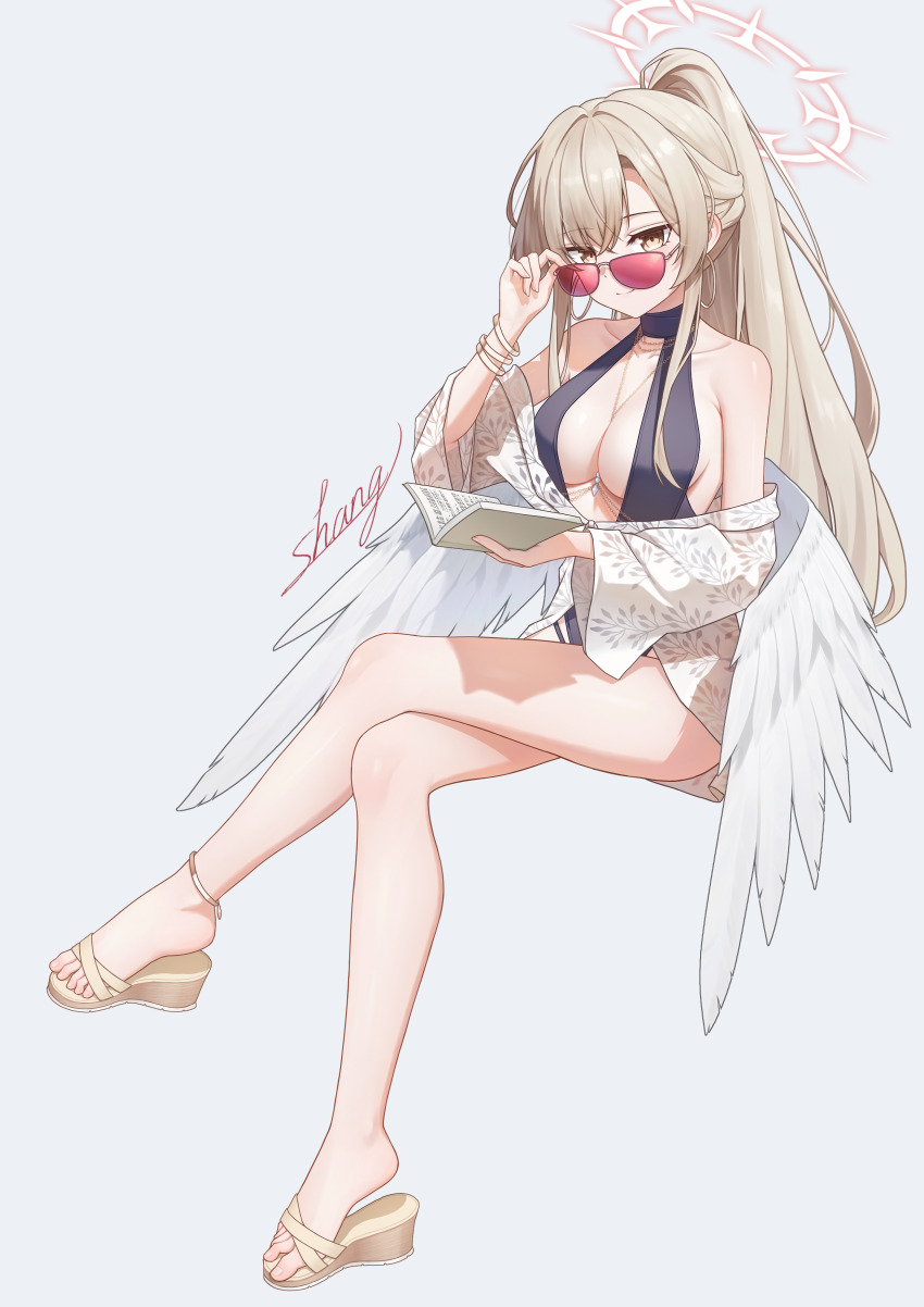 1girl, absurdres, angel_wings, black_one-piece_swimsuit, blue_archive, breasts, feathered_wings, fu_shang
