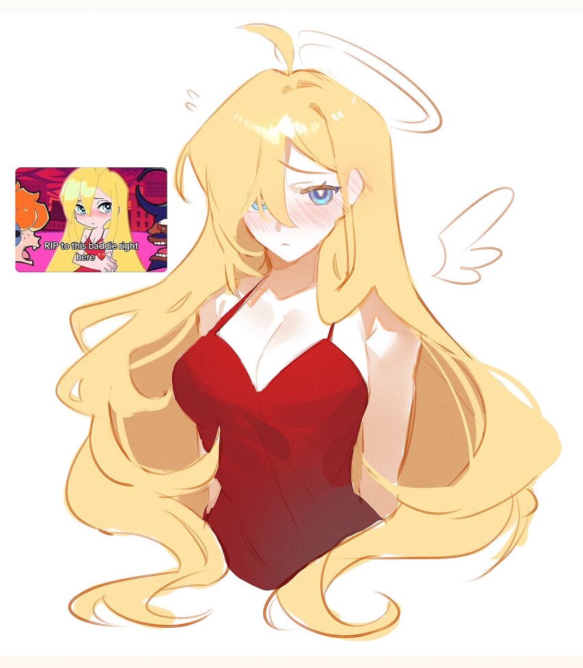 1girl, ahoge, angel_wings, bare_shoulders, blonde_hair, blue_eyes, blush, breasts