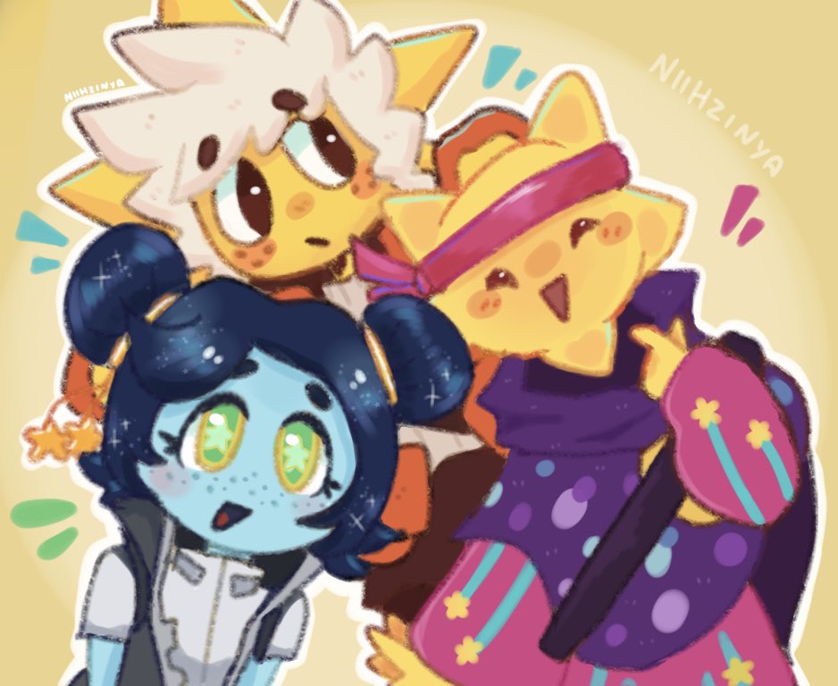 1boy, 1girl, 1other, :d, :o, artist_name, bandana, blue_skin, blush_stickers, colored_skin, cropped_jacket, double_bun, explorer_luna_(fortnite), fortnite, freckles, hair_bun, happy, hood, hoodie, niihzinya, open_mouth, orange_hoodie, outline, short_sleeves, simple_background, sleeveless, sleeveless_jacket, slumber_(fortnite), smile, star-shaped_pupils, star_(symbol), sunspot_(fortnite), symbol-shaped_pupils, white_outline, yellow_background, yellow_skin