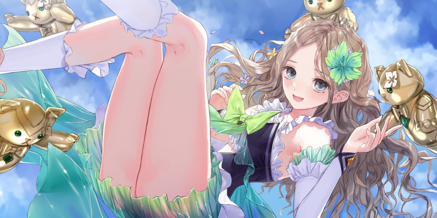 1girl, bare_legs, bare_shoulders, blue_dress, blue_eyes, blue_reflection_(series), blue_reflection_sun, blue_sky