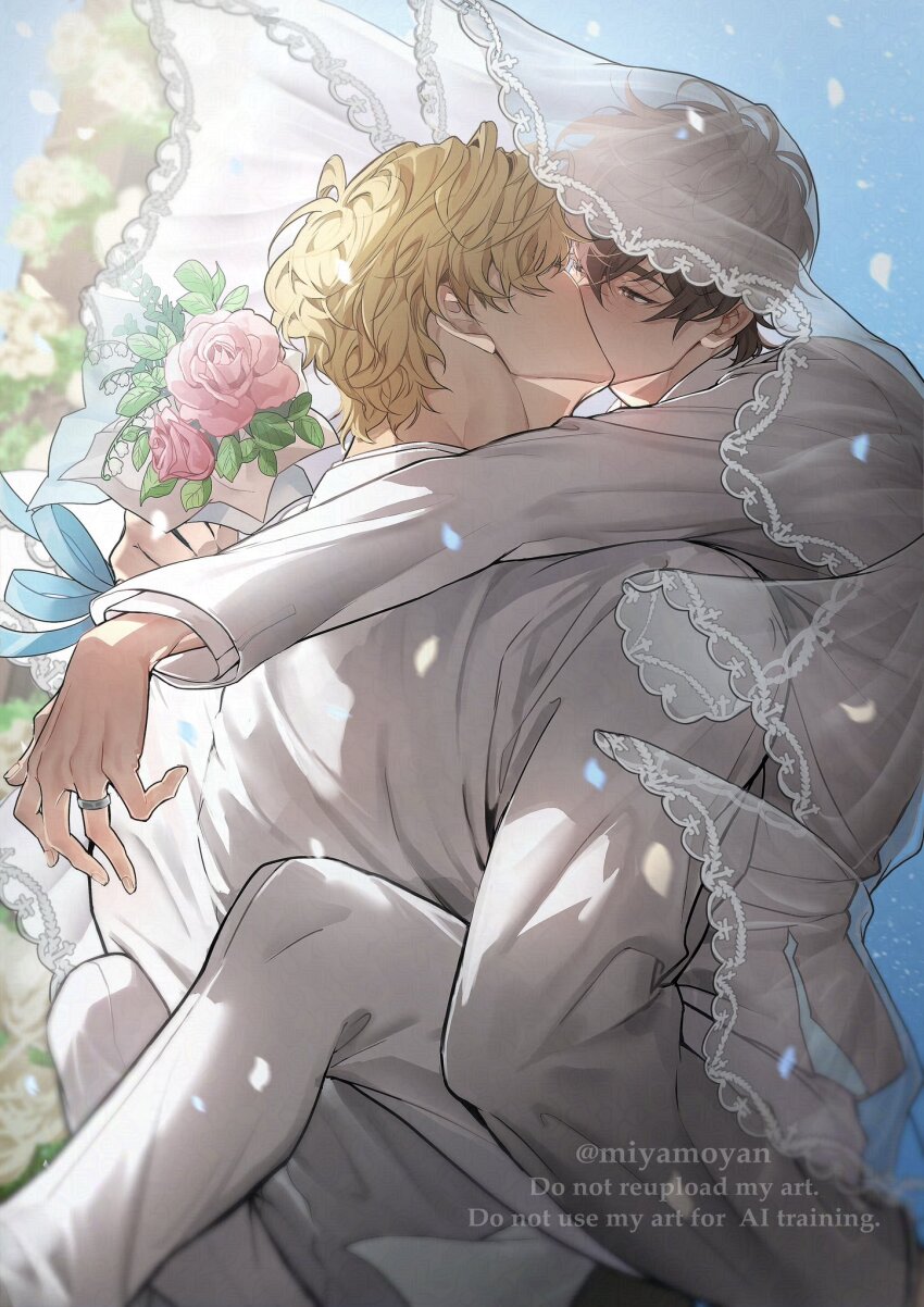 2boys, blonde_hair, blue_ribbon, blue_sky, blush, bouquet, bridal_veil, brown_eyes