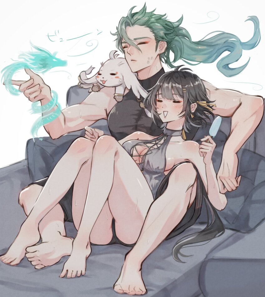 1boy, 1girl, abby_(wuthering_waves), alternate_costume, bare_shoulders, barefoot, black_hair, black_shirt