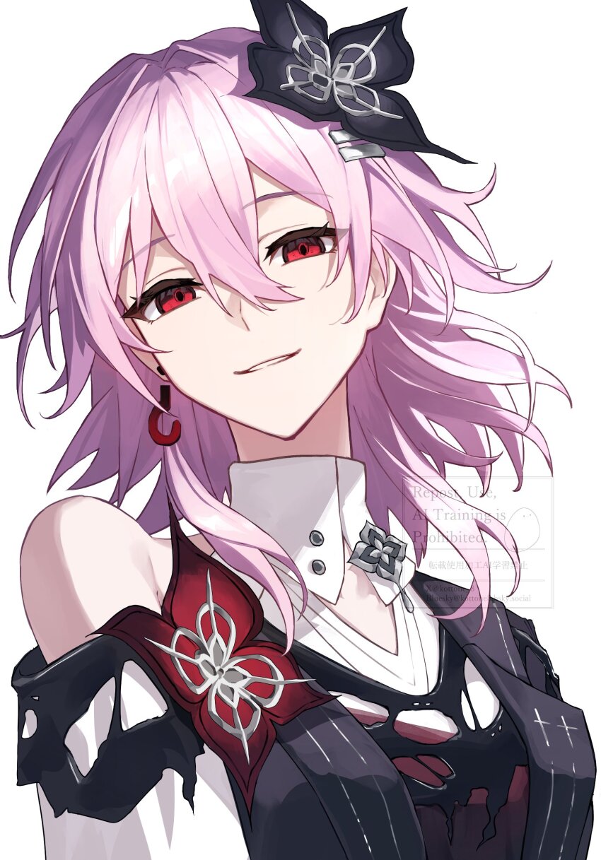 1girl, asymmetrical_clothes, black_flower, commentary_request, earrings, evernight_(honkai:_star_rail), flower, hair_between_eyes, hair_flower, hair_ornament, hairclip, highres, honkai:_star_rail, honkai_(series), jewelry, kottone_8, long_hair, looking_at_viewer, march_7th_(honkai:_star_rail), official_alternate_costume, official_alternate_eye_color, parallel_hairclips, pink_hair, red_eyes, single_bare_shoulder, single_earring, smile, solo, upper_body, white_background