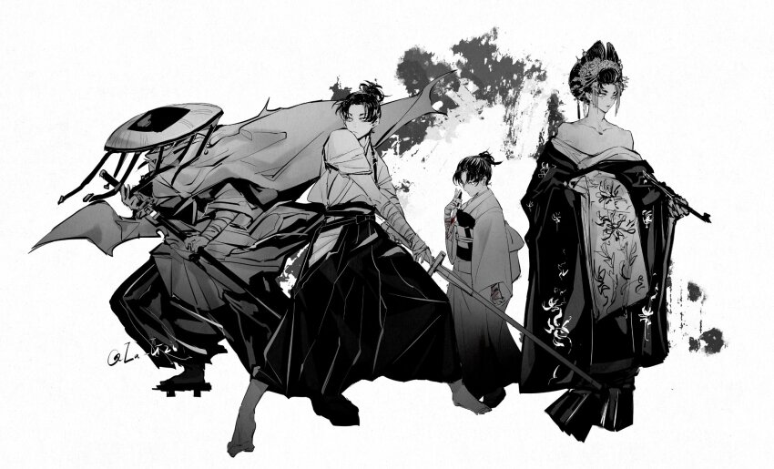 1boy, barefoot, black_hair, crossdressing, fighting_stance, geisha, greyscale, hakama