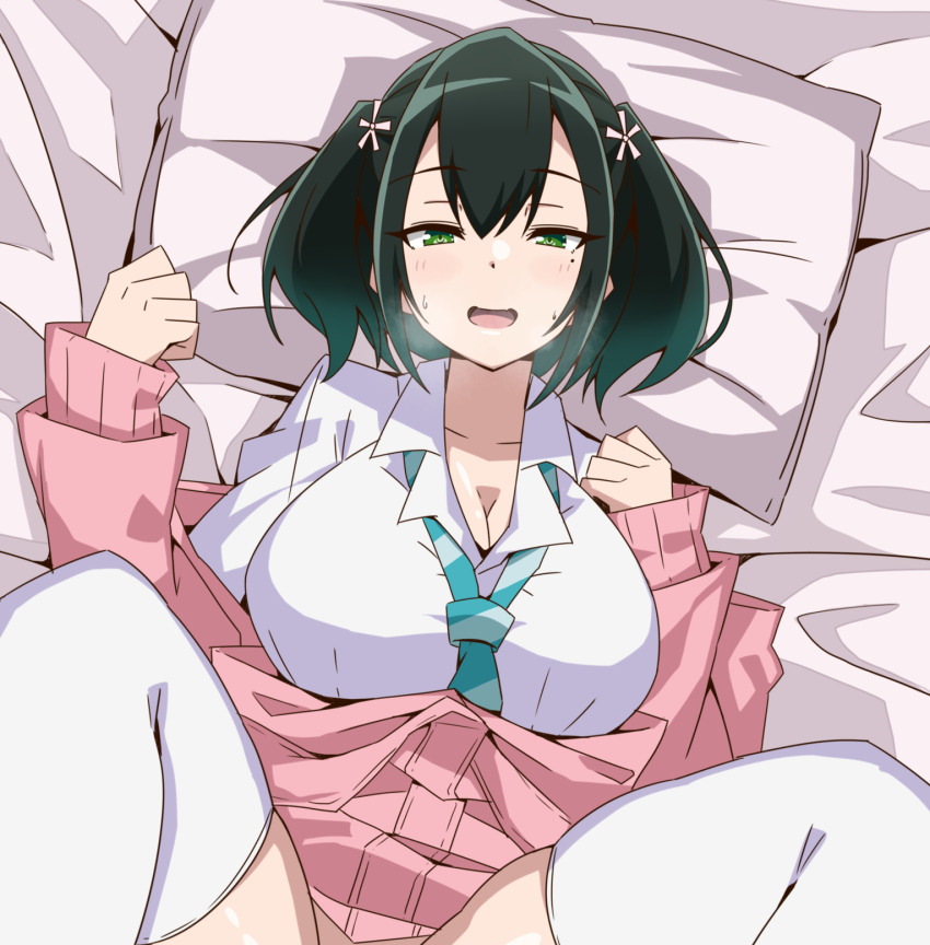 1girl, bad_girl_(manga), bed, bed_sheet, breasts, cardigan, cleavage, collarbone