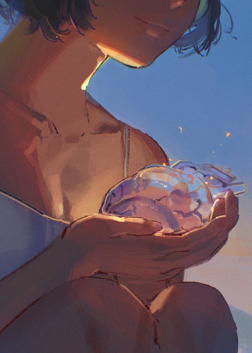 1girl, amo_(amo_0514), bare_shoulders, black_hair, blue_sky, breasts, camisole, chinese_commentary