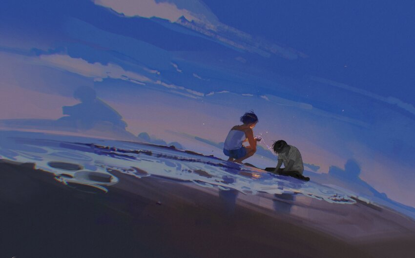 1boy, 1girl, amo_(amo_0514), bare_arms, bare_shoulders, beach, black_hair, black_pants