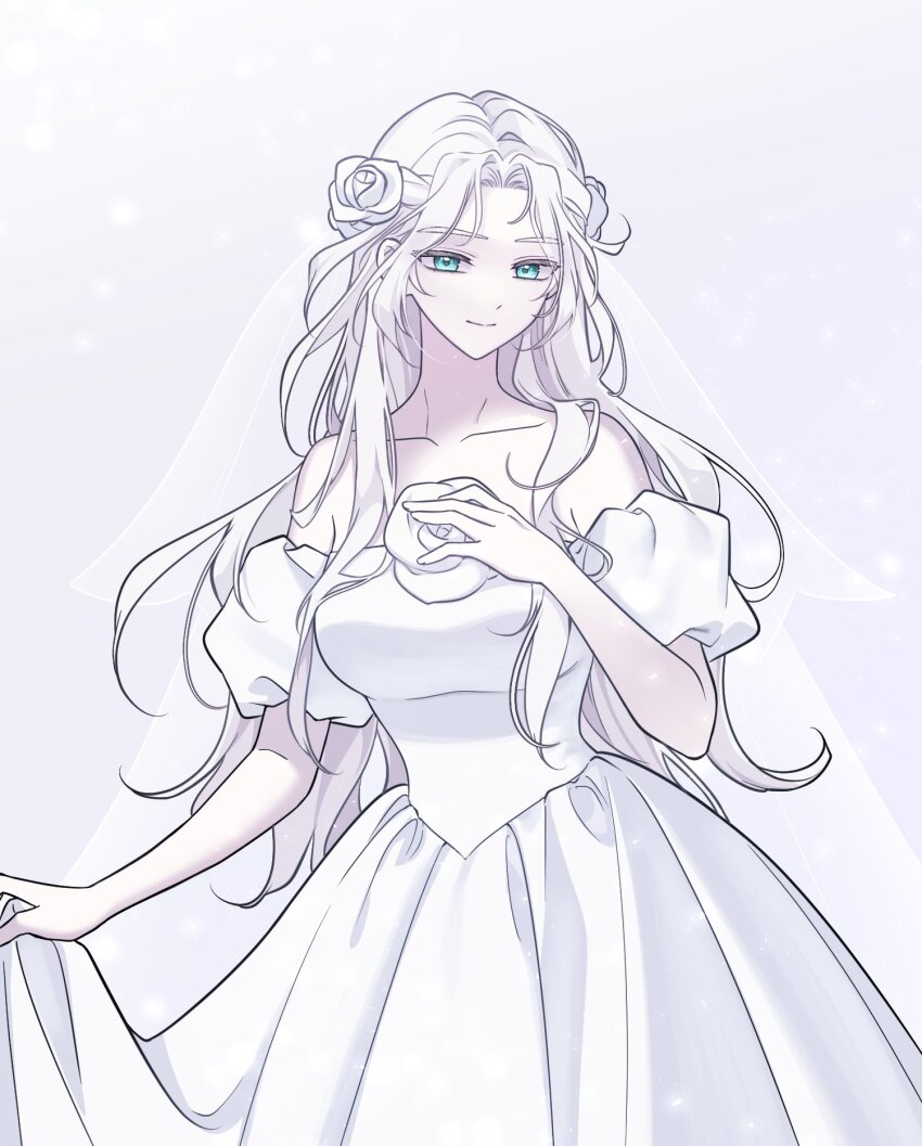 1girl, alternate_costume, bare_shoulders, blue_eyes, collarbone, cowboy_shot, detached_sleeves, dreaminglum, dress, final_fantasy, final_fantasy_xiv, flower, hair_flower, hair_ornament, half_updo, hand_on_own_chest, highres, holding_own_dress, long_hair, looking_at_viewer, rose, simple_background, smile, solo, standing, veil, venat_(ff14), white_background, white_dress, white_flower, white_hair, white_rose