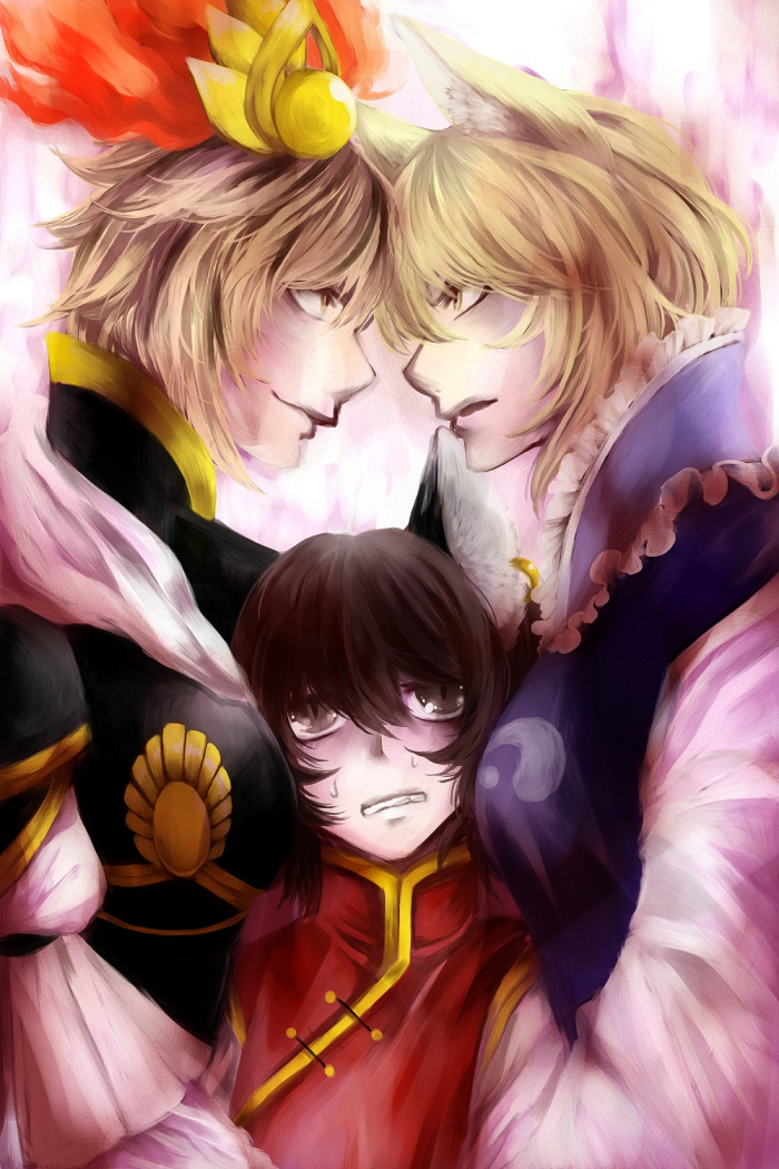 3girls, alternate_costume, animal_ears, bad_id, bad_pixiv_id, bishamonten, bishamonten_(cosplay), black_hair