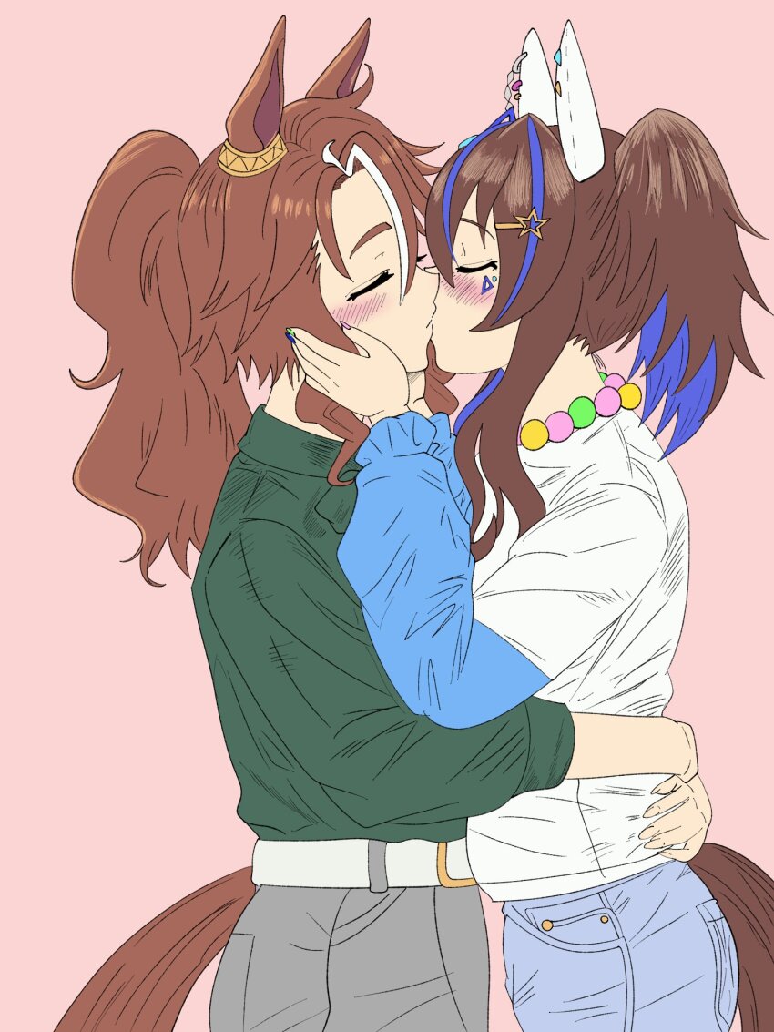 2girls, arms_around_another's_back, belt, blue_hair, blue_nails, blue_pants, blush, brown_hair, closed_eyes, commentary, cowboy_shot, daitaku_helios_(casual)_(umamusume), daitaku_helios_(umamusume), ear_covers, ear_ornament, english_commentary, facial_mark, green_nails, green_shirt, grey_pants, hair_ornament, hairpin, hands_on_another's_face, highres, horse_girl, hug, jewelry, kiss, long_hair, long_sleeves, mejiro_palmer_(casual)_(umamusume), mejiro_palmer_(umamusume), multicolored_hair, multiple_girls, necklace, pants, pink_background, ponytail, qernelo, shirt, shirt_tucked_in, simple_background, star_(symbol), star_hair_ornament, streaked_hair, umamusume, white_hair, white_shirt, yuri
