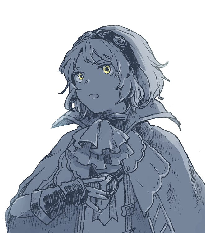 1girl, another_eden, ascot, blue_theme, cape, commentary_request, fingerless_gloves, gloves